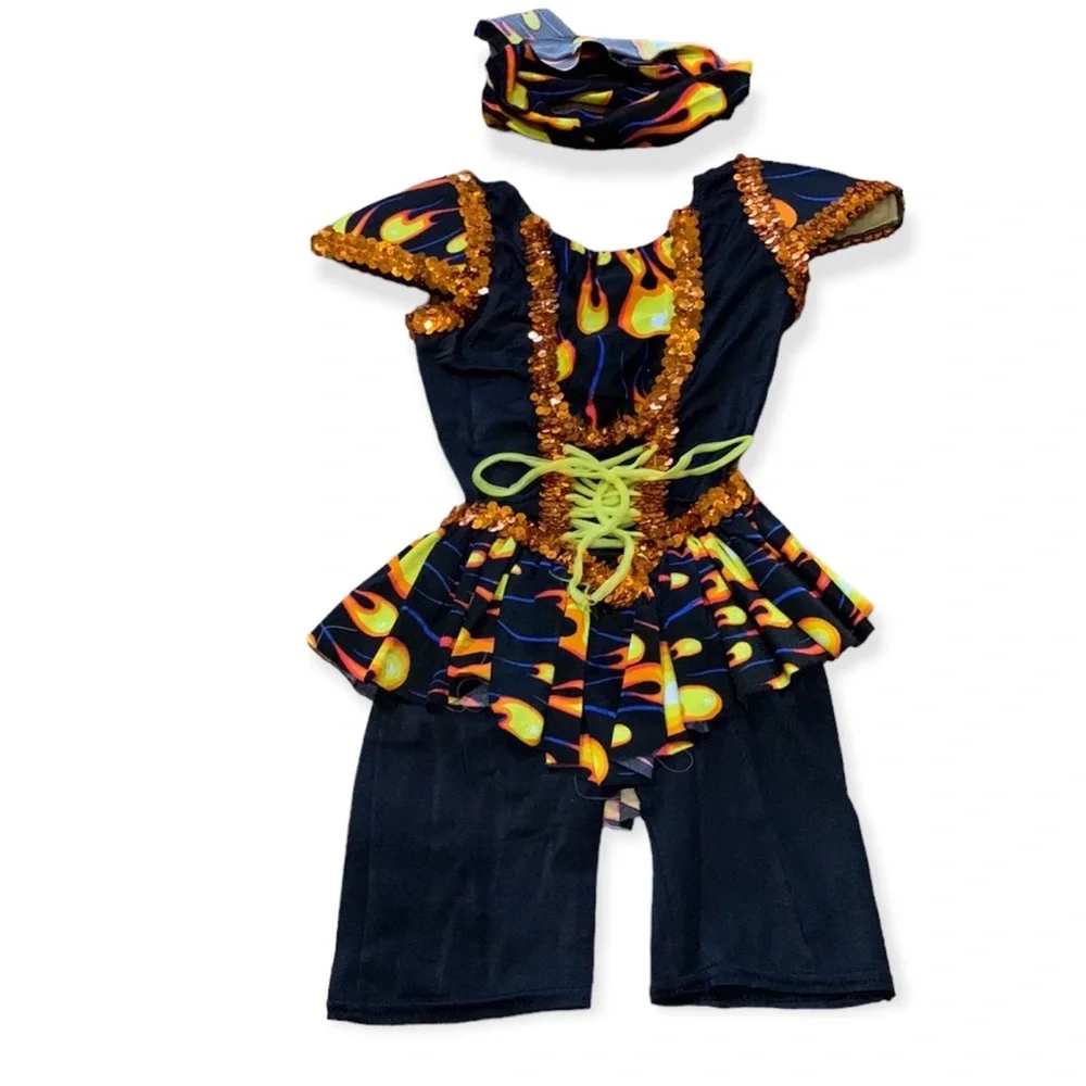 Child’s black leotard dance costume approx Sz 2 with lacing at waist & skirt